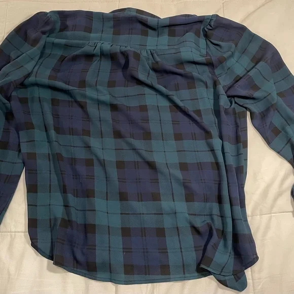 J. Crew Factory Black Watch Plaid Bow Neck Button Front Blouse (XL) - Picture 5 of 5